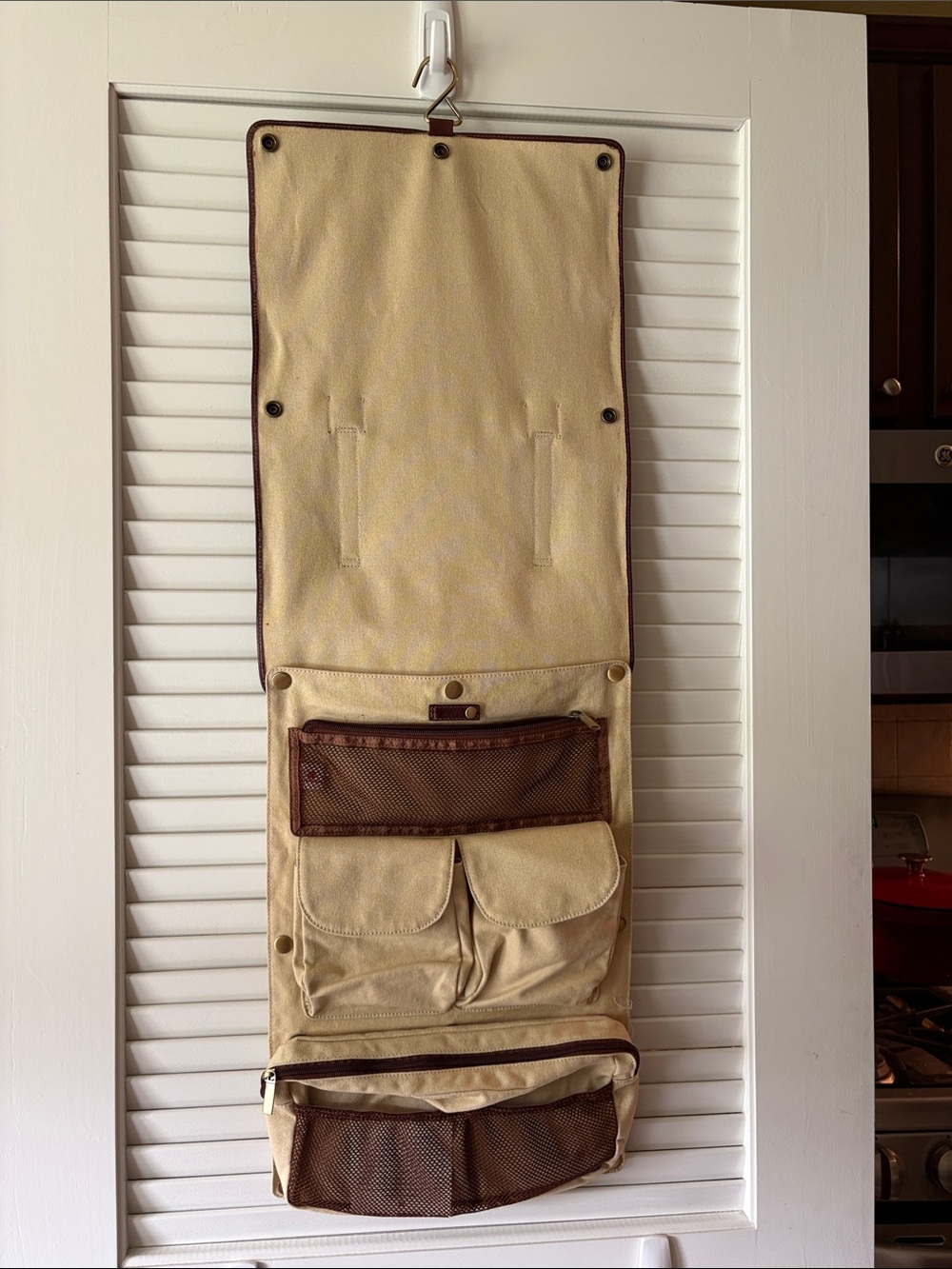 Hanging Canvas Travel Organizer in Beige with Brown Leather!